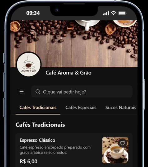 Cardápio digital no celular (modo escuro)